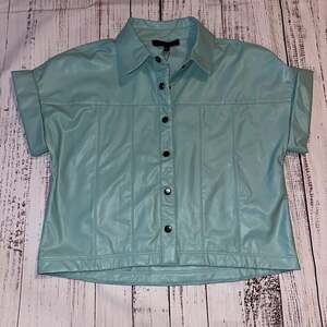 Dance & Marvel Faux Leather Short Sleeve Button Layering Boho Shirt Shacket- M